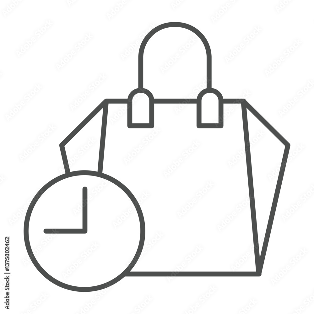 Poster paper bag with timer clock thin line icon, black friday concept. vector graphics. packet for happy h