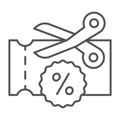 Discount coupon with percent and scissors thin line icon, black friday concept. Vector graphics. Price cut, halving price sign on white background, outline style icon for mobile or web design.
