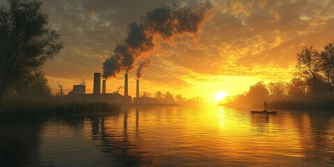 Sunset over industrial landscape with smoking chimneys and tranquil river setting