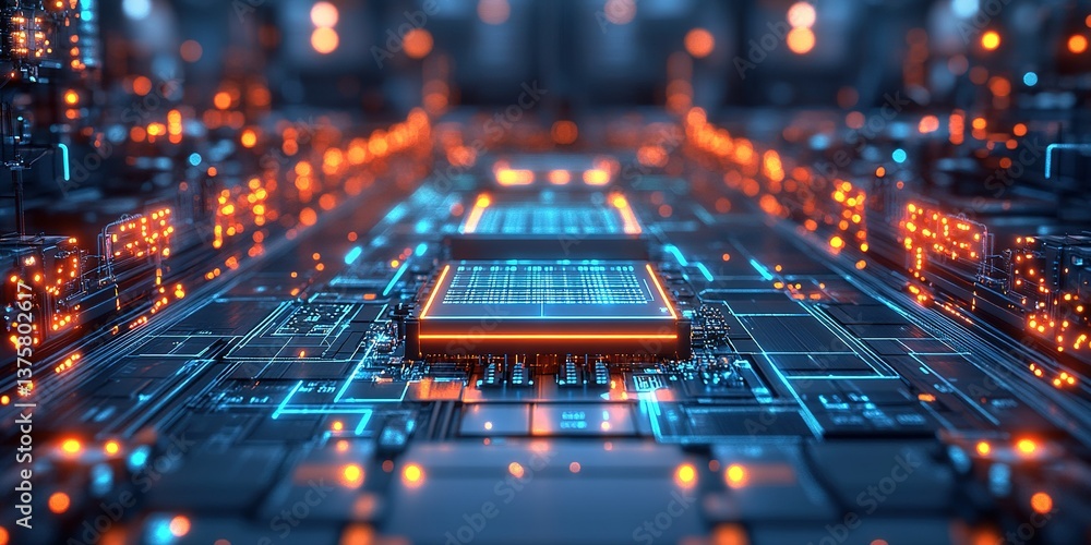 Poster futuristic circuit board design showcasing intricate patterns and glowing elements in a high-tech en