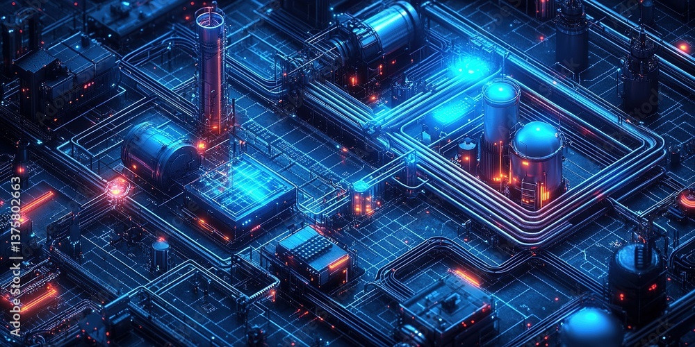 Poster complex circuitry glowing in blue and orange colors showcases advanced technology and design in a fu