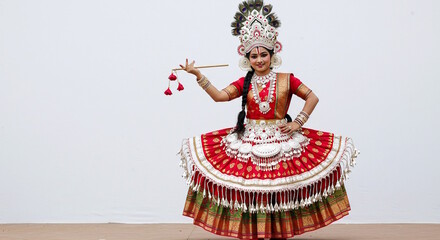 dancer from Manipur east India, Traditional east Indian classical dance Manipuri performer with costume and makeup