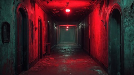 Fototapeta premium Abandoned hospital hallway lit by eerie red light
