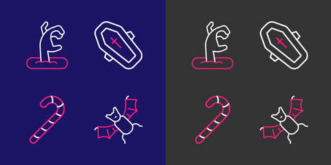 Set line Flying bat, Christmas candy cane, Coffin with cross and Zombie hand icon. Vector