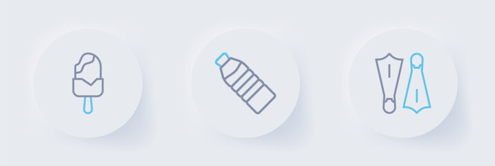 Set line Rubber flippers for swimming, Bottle of water and Ice cream icon. Vector © Kostiantyn