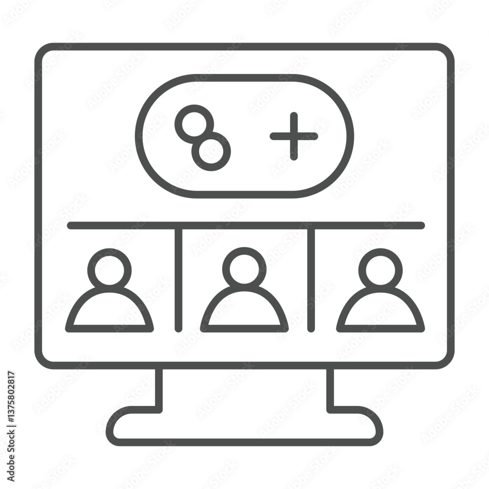 Poster monitor screen with users and joystick thin line icon, neural dataset concept. vector graphics. disp