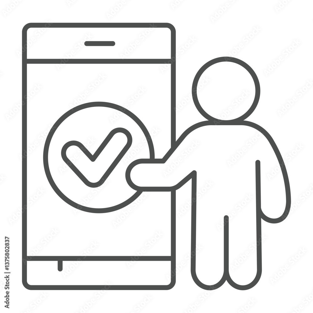 Poster man and smartphone with checkmark thin line icon, neural dataset concept. vector graphics. human wit