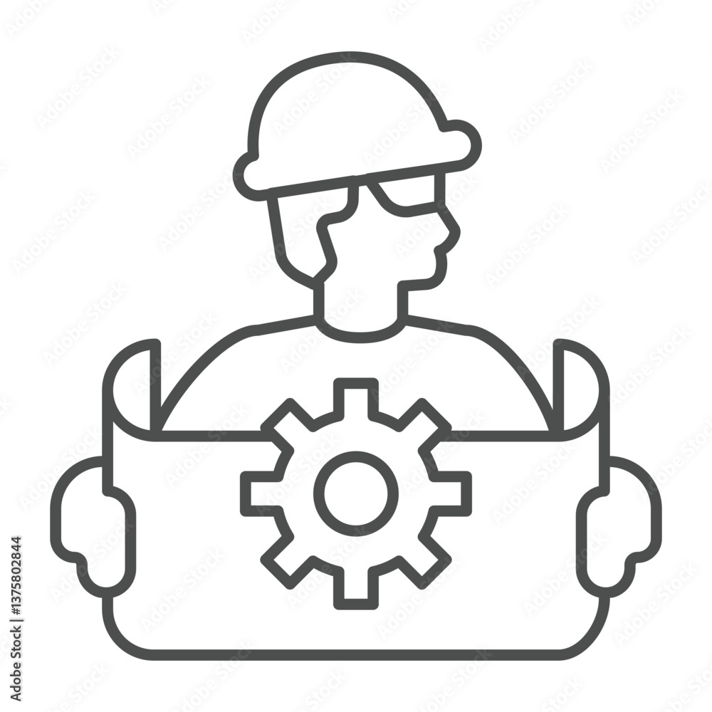Poster engineer man with project and cogwheel thin line icon, neural dataset concept. vector graphics. deve