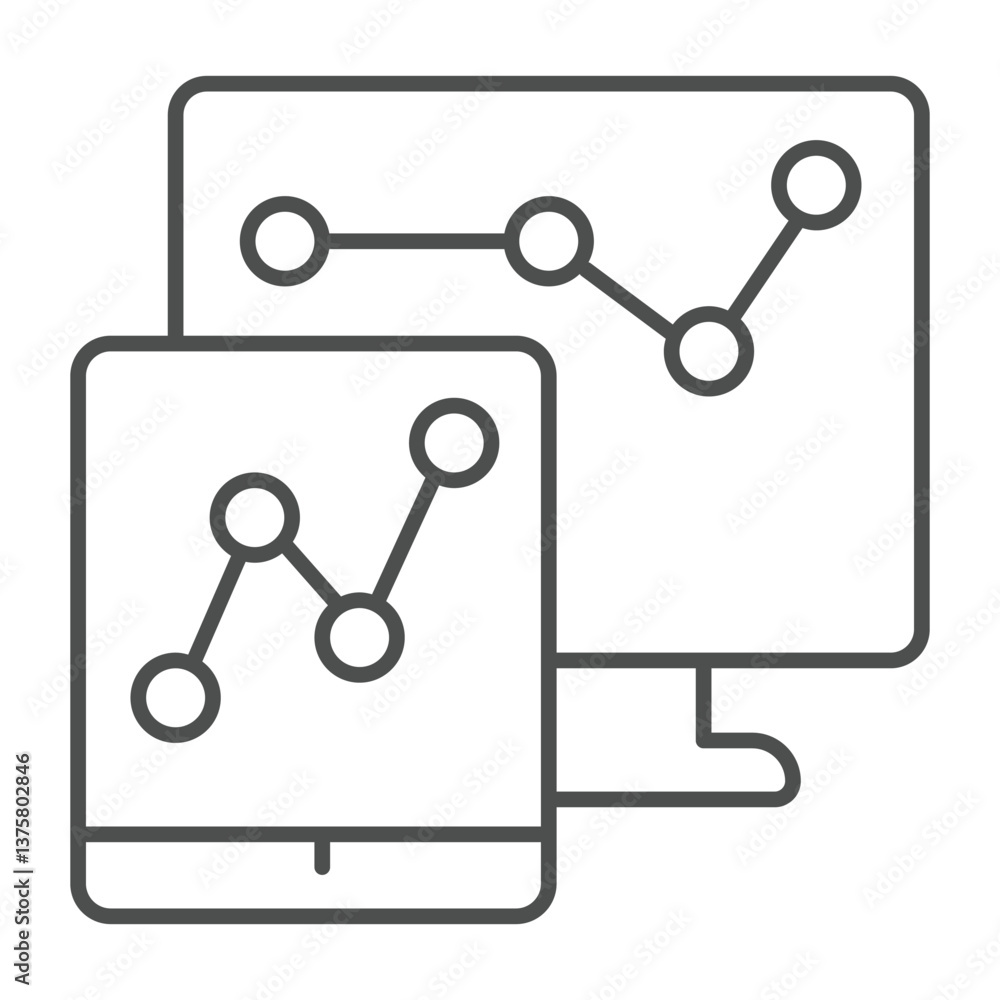 Poster monitor and tablet screen with chart thin line icon, neural dataset concept. vector graphics. displa