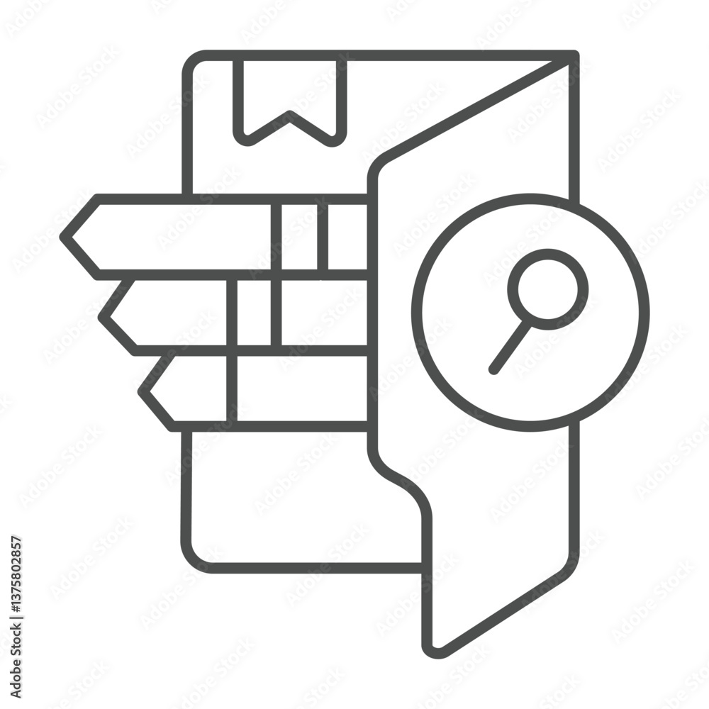 Poster folder with bookmarks and magnifier thin line icon, neural dataset concept. vector graphics. search 
