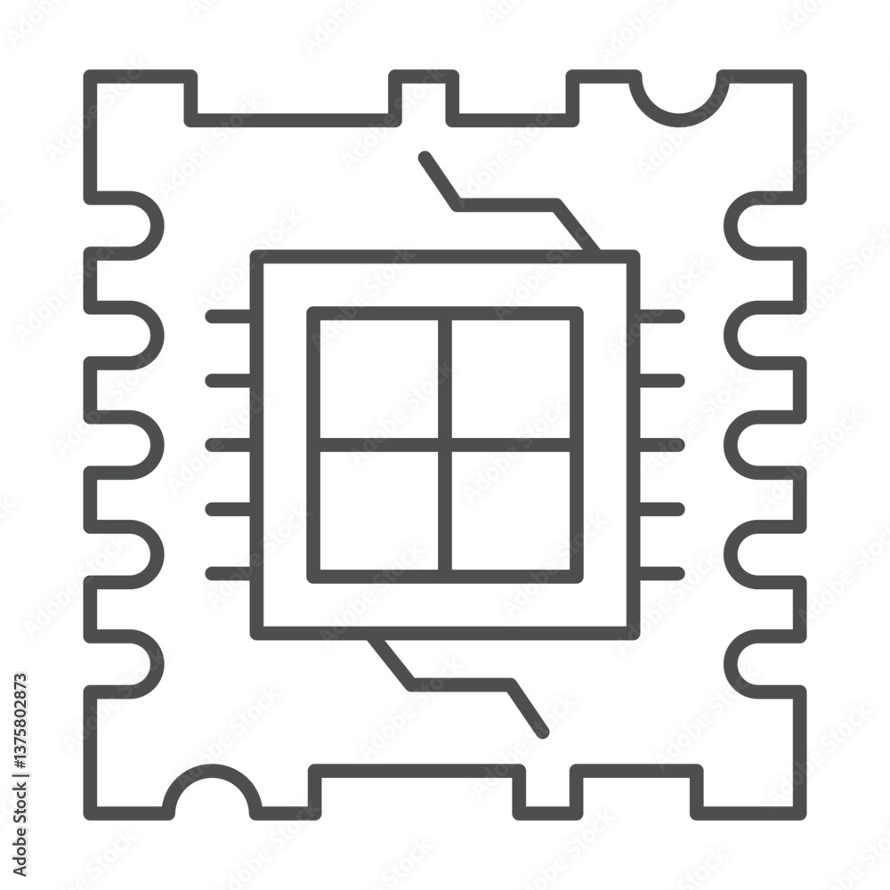 Poster quad core processor chip thin line icon, neural dataset concept. vector graphics. processor with fou