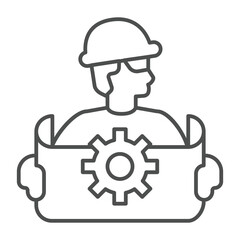 Engineer man with project and cogwheel thin line icon, neural dataset concept. Vector graphics. Developer, developing sign on white background, outline style icon for mobile or web design.
