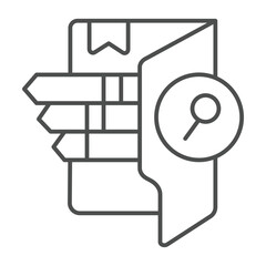 Folder with bookmarks and magnifier thin line icon, neural dataset concept. Vector graphics. Search data by category sign on white background, outline style icon for mobile or web design.