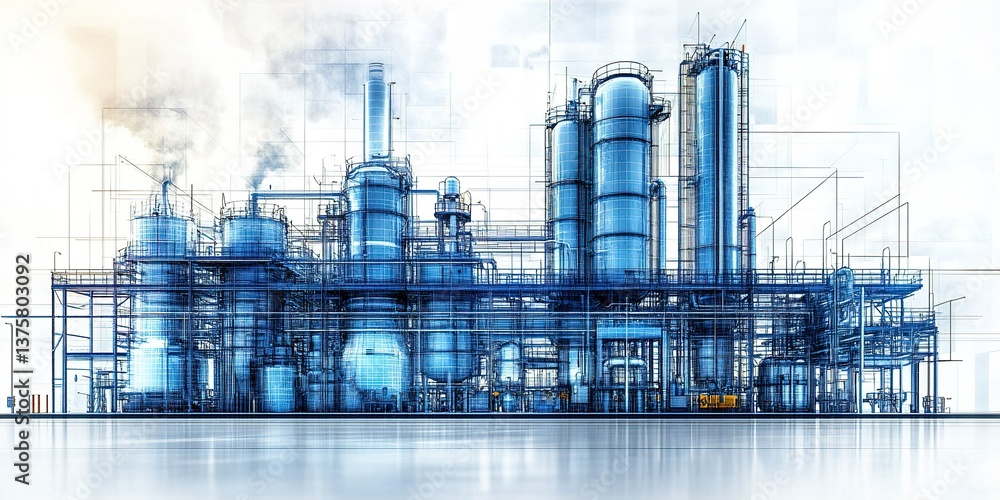 Poster industrial facility with complex machinery and structures in a modern design showcasing advanced tec