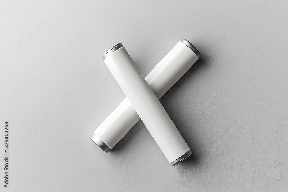 Poster minimalist style two white cylinders intersecting on a flat gray surface design element