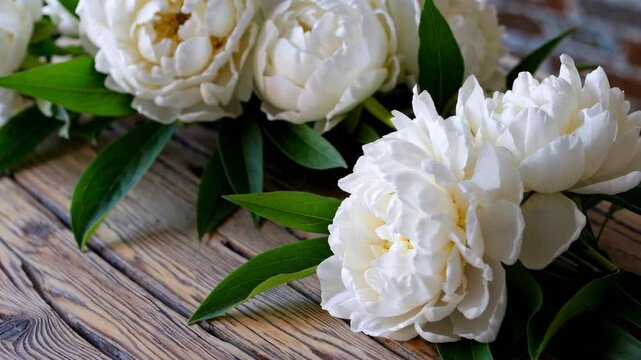 White peonies bouquet changing position on wooden table
