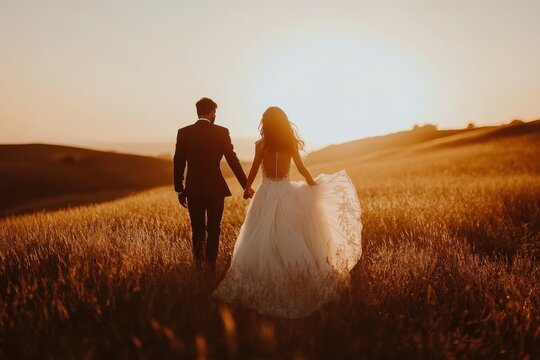 Newlyweds walk through sunlit field holding hands at sunset in golden hour romantic wedding photography