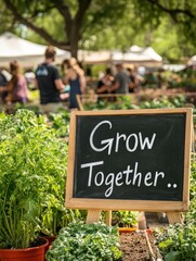 A community garden with volunteers tending to plants, featuring a chalkboard sign with "Grow Together"