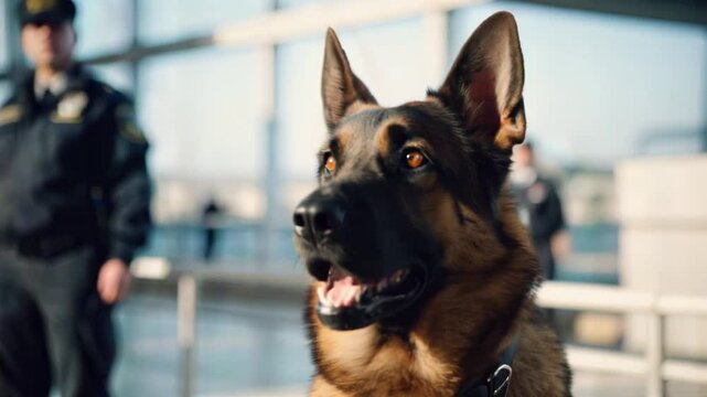 Airport security dog watching attentively