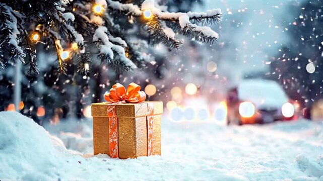 Christmas tree and gift box outside with cars passing by
