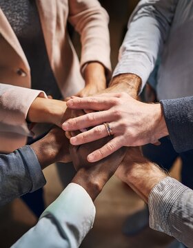 Primer plano de un grupo de personas en c&iacute;rculo, tomadas de la mano. Trabajo en equipo, compa&ntilde;erismo y unidad entre compa&ntilde;eros o amigos