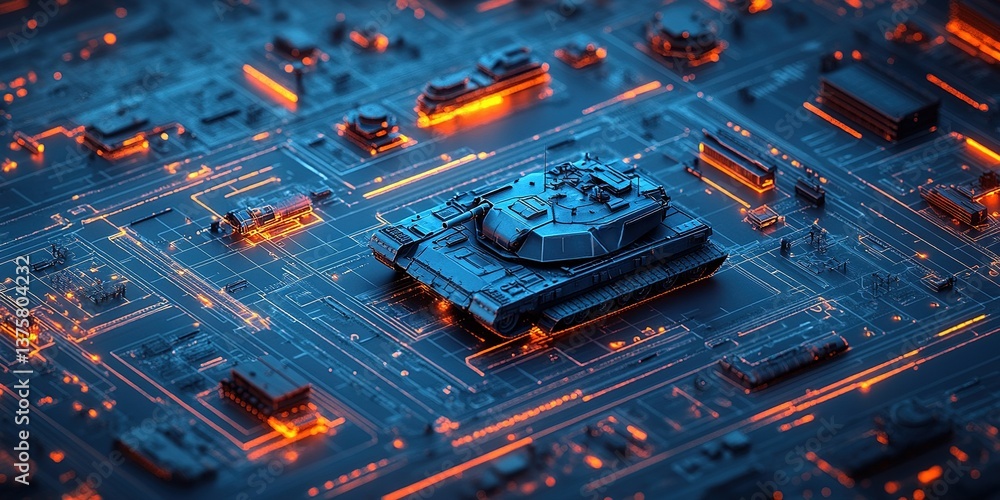 Poster digital army tank on illuminated circuit board in a futuristic setting during nighttime