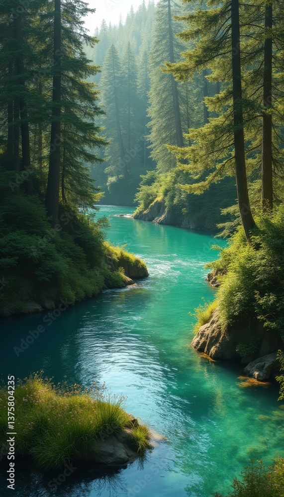 Poster Serene turquoise river winding through a lush green forest with tall trees and sunlight filtering through the canopy