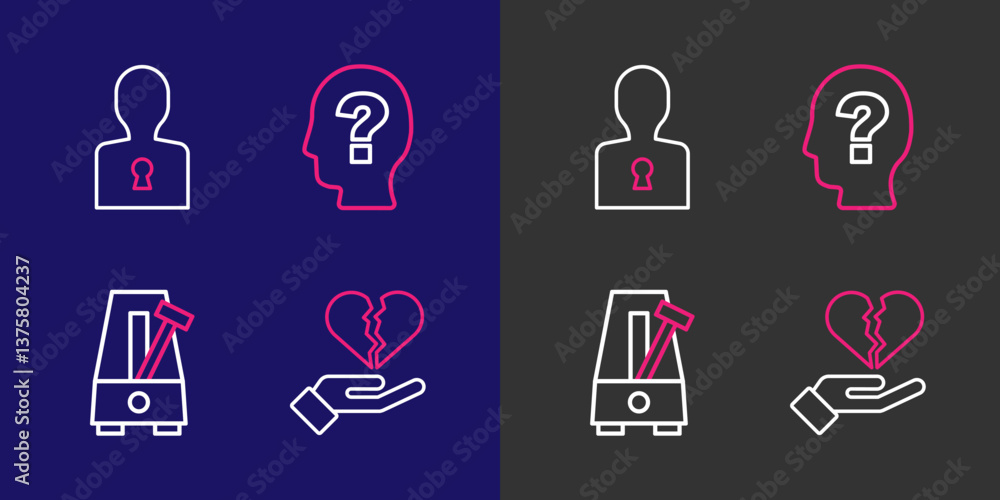 Poster set line broken heart or divorce, metronome with pendulum, head question mark and solution to the pr
