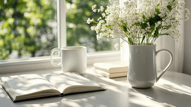 A clean home office with a coffee mug, open notebook, and vase of fresh flowers