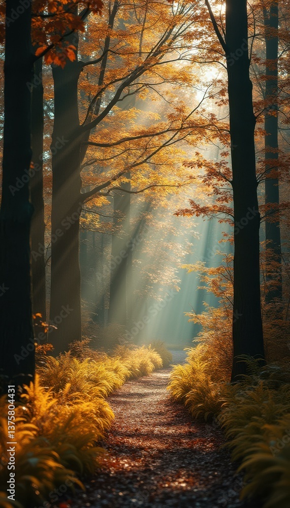 Aufkleber sunlit forest path in autumn: a serene walk through golden leaves and misty light
