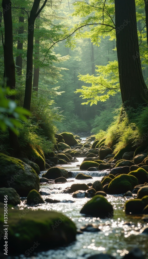Poster tranquil stream flowing through a lush green forest with moss-covered rocks and sunlight filtering t