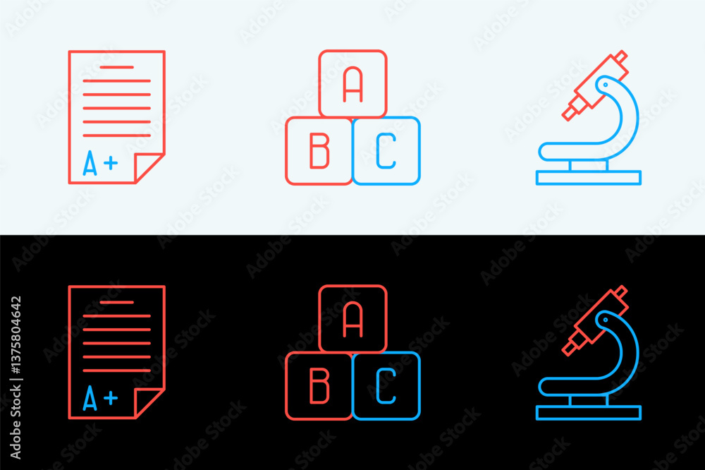 Poster set line microscope, exam sheet with a plus grade and abc blocks icon. vector