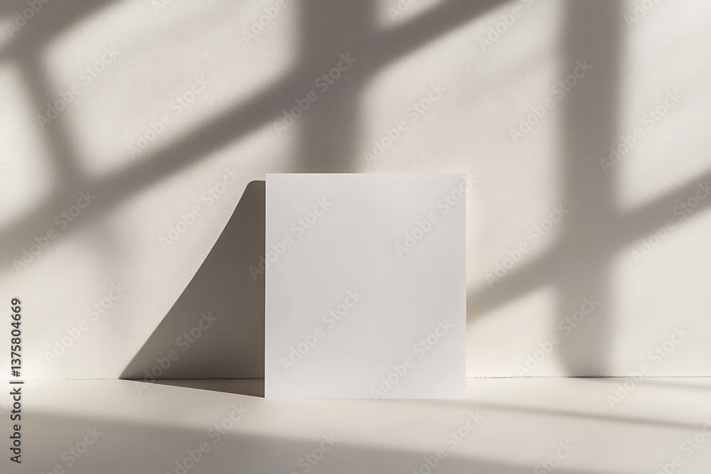 Poster minimalist white card stand with window shadows on background. simple and clean style