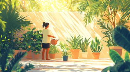 scene of a person watering plants in a sun-filled garden, enjoying the simple, slow task of nurturing nature 