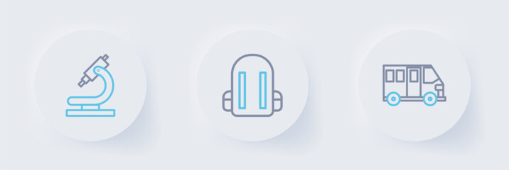 Fototapeta premium Set line School Bus, backpack and Microscope icon. Vector