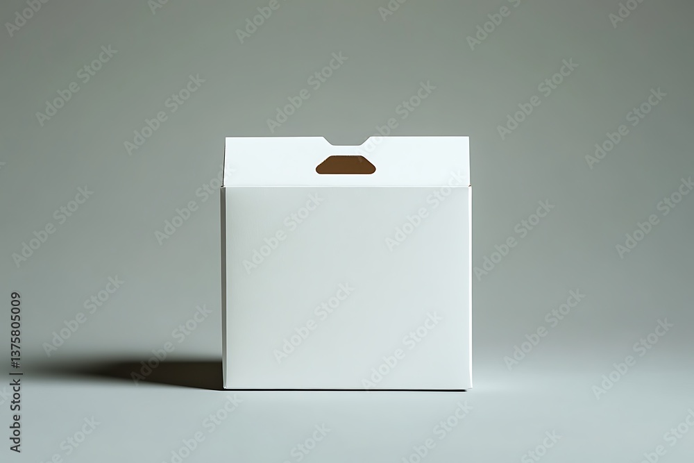 Poster minimalist white cardboard box with handle on grey background simple packaging design