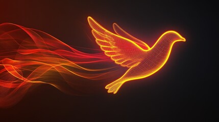 Neon glowing bird in flight with vibrant flame trails  