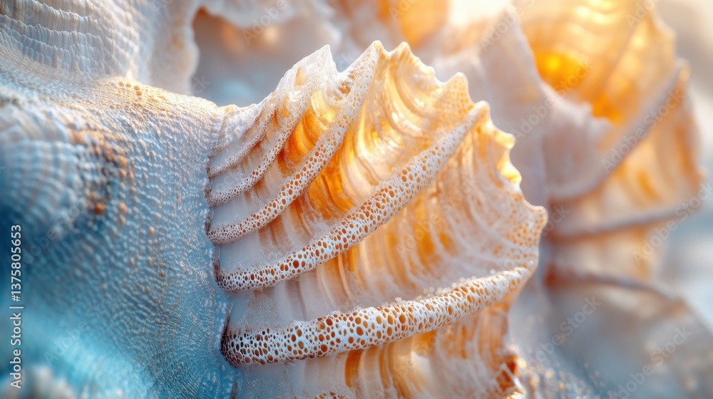 Poster a close-up of a beautifully textured seashell, showcasing intricate patterns and soft colors illumin