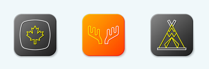 Set line Canadian maple leaf, Deer antlers and Indian teepee or wigwam icon. Vector © Kostiantyn