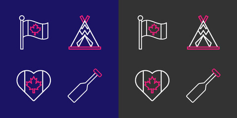 Set line Paddle, Heart shaped Canada flag, Indian teepee or wigwam and Flag of icon. Vector © Kostiantyn
