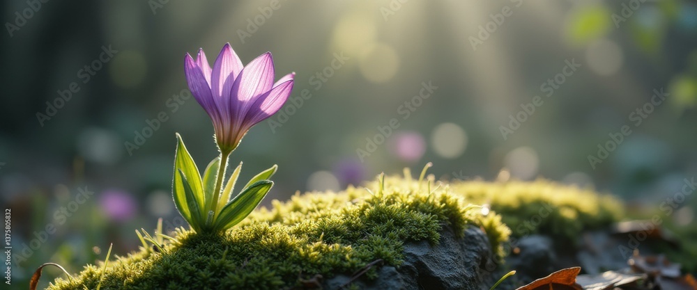 Poster crocus flower blooming in forest with sunbeams streaming through the trees - close up nature photogr
