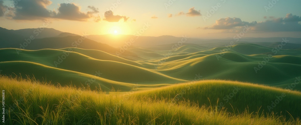 Poster rolling green hills at sunset create a tranquil landscape with golden light and tall grass in the fo