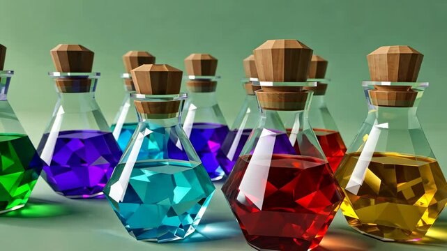 Low-poly 3d potion bottles, filled with liquids of a different color on a green abstract background. Video game assets.