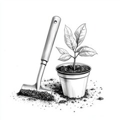 Black and White Illustration of a Small Potted Plant and Gardening Tool