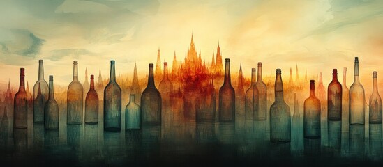 Empty Bottles Reflect a Cityscape at Sunset