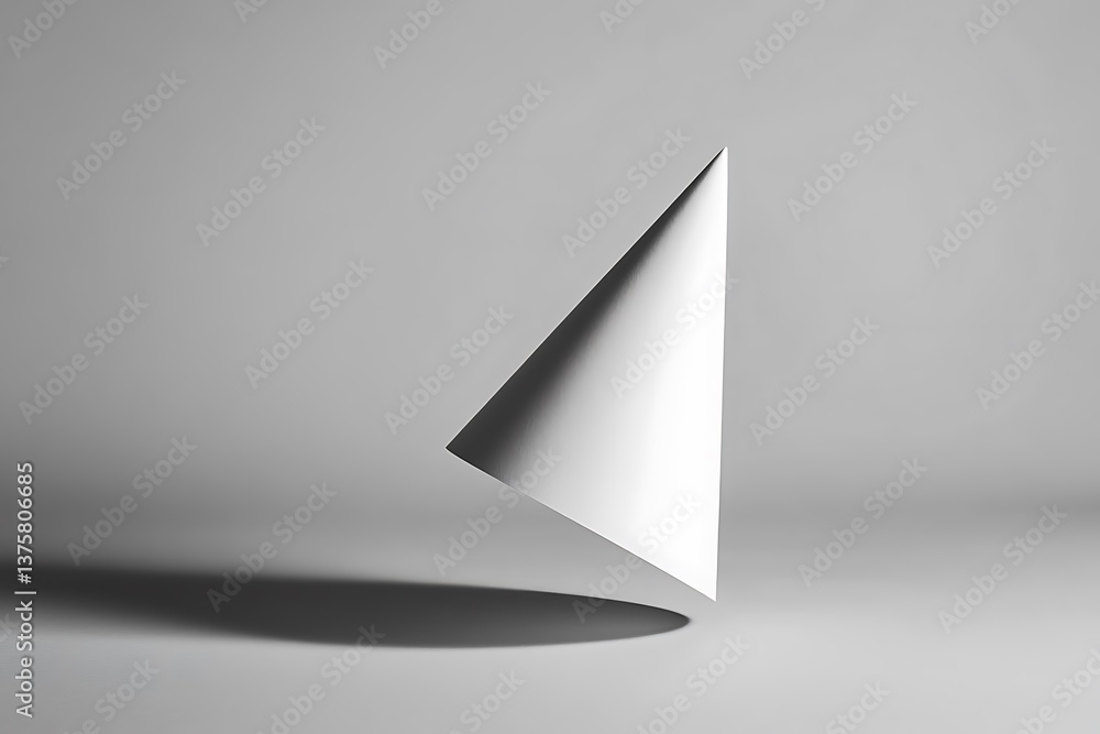 Poster minimalist white paper cone standing with dynamic shadows on a soft gray background