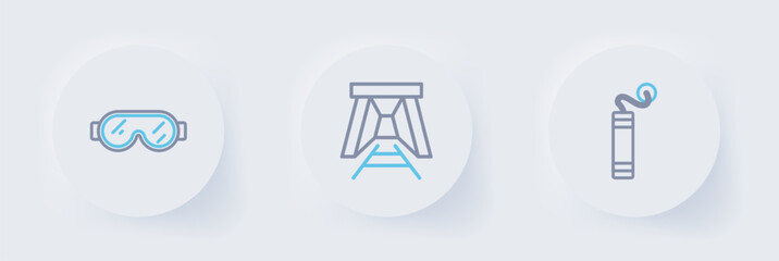 Set line Dynamite, Mine entrance and Safety goggle glasses icon. Vector