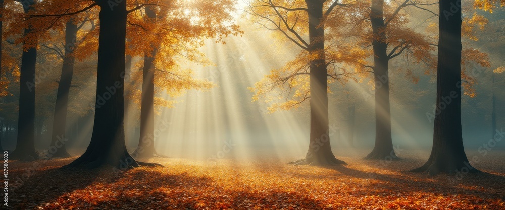 Poster autumn forest bathed in golden sunlight with vibrant fall foliage and ethereal sunbeams filtering th