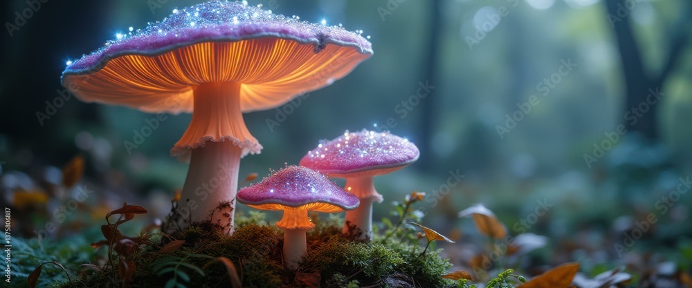 Poster Enchanted luminous mushrooms in a mystical forest, illuminated with glowing light and delicate sparkles, creating a magical ambience
