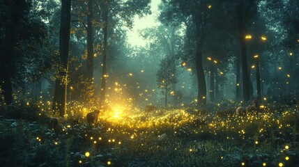 Magical forest glade at dawn with fireflies